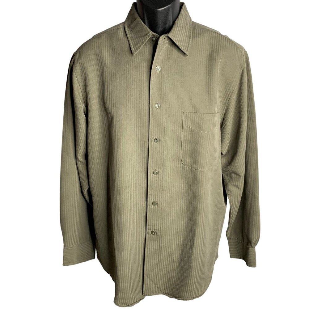 J Ferrar Button Up Long Sleeve Shirt L Army Green Striped Chest Pocket Collar